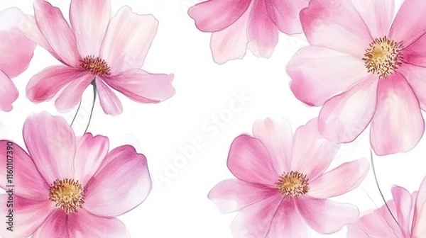 Fototapeta Watercolor of pink cosmos flower isolated on white background,Collection cosmea flower and leaves,wildflowers seamless pattern,soft colorful blooming flower background.