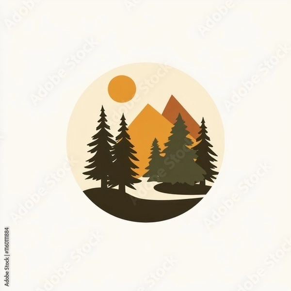 Fototapeta Minimalist sun, mountains, trees, and river landscape in a circle.