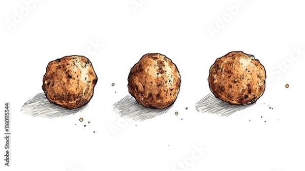 Obraz Three Delicious Hand-Drawn Meatballs on White Background