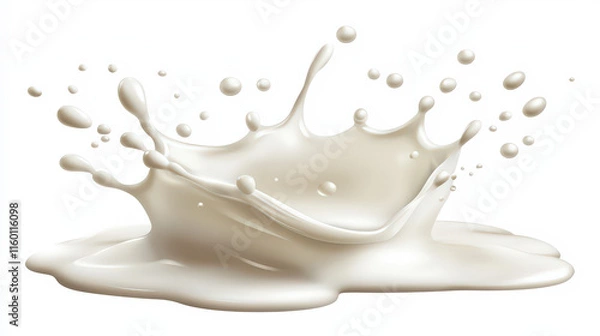 Fototapeta An elegant burst of milk, swirling and splashing in mid-air, with droplets flying outward. The creamy texture of the milk contrasts against the clean, minimalist white background.