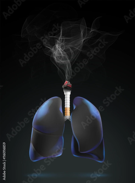 Fototapeta Black human lungs, cigarettes and smoke composited into 3D image on black background, showing the dangers of cigarettes. Used in medicine, advertising, commerce, science and industry.