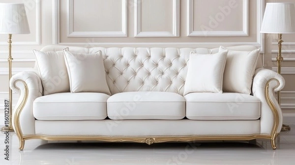 Fototapeta Luxurious cream velvet sectional sofa in a living room with gold accents and large windows, sofa, charming and elegant