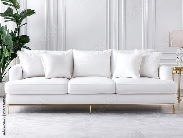 Fototapeta Plush white sofa with soft pillows, set in a luxurious living room with gold accents and crystal lighting, sofa, charming and elegant