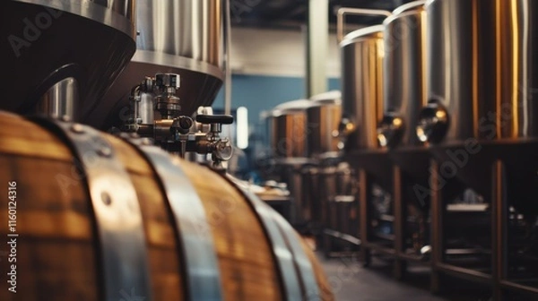 Obraz A bustling brewery with brewing equipment and barrels, Craft beer brewing in progress, Artisanal brewery style