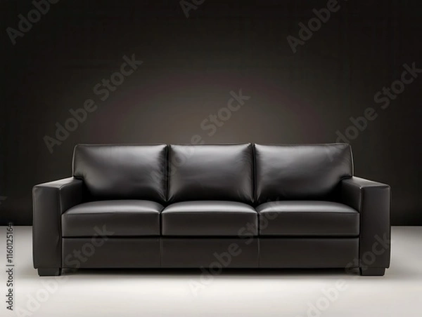 Obraz Dark grey leather sofa in a modern living room with sleek black decor and soft lighting, sofa, luxurious and moody