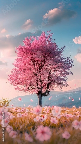 Fototapeta A magnificent and beautiful cherry blossom tree standing alone, with a beautiful view