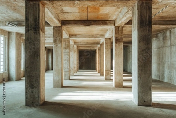 Fototapeta Empty concrete building interior with numerous pillars. Ideal for architecture, construction, or minimalist design projects.
