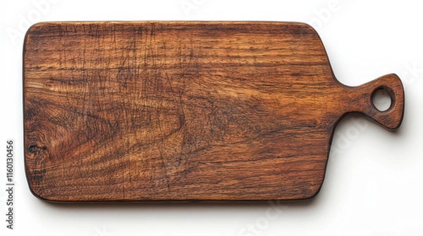Fototapeta A rustic wooden cutting board made from rich, dark wood with a smooth surface and a handle on one side. The board has natural grain patterns and a warm finish, showcasing its craftsmanship.