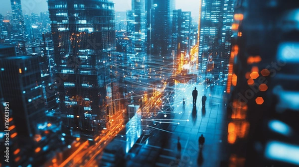Fototapeta abstract professional business team people innovation connection of line from nail node to node on Smart Innovation city with connection cyber security network reciprocity , networking concept