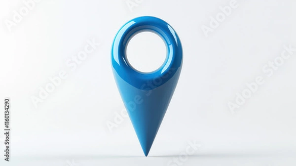 Fototapeta A smooth, stylized blue location pin icon, featuring a circular hole at the top and a pointed bottom. The pin should have a glossy finish and a modern design, standing upright against a clean white ba