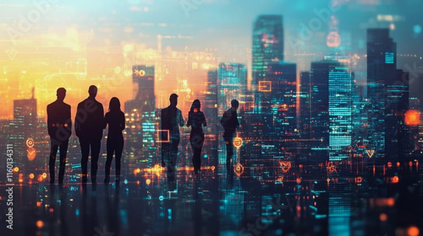 Fototapeta abstract professional business team people innovation connection of line from nail node to node on Smart Innovation city with connection cyber security network reciprocity , networking concept