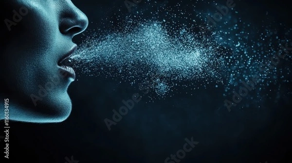 Fototapeta Close-up of person exhaling, droplets visible. Illustrates respiratory droplets, ideal for health, hygiene, or virus concepts.