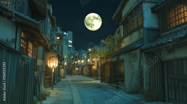 Fototapeta A serene night scene of a traditional street illuminated by lantern under a full moon.