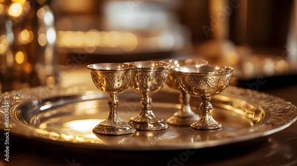 Fototapeta Elegant Silver Goblets with Intricate Designs on a Polished Serving Tray in Warm Candlelight : Generative AI