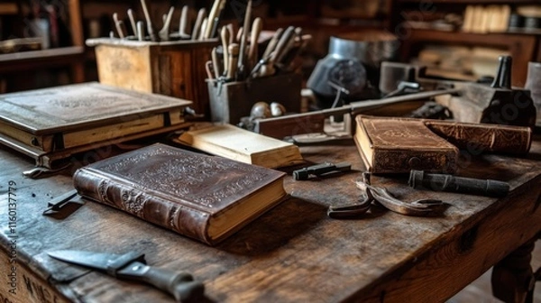 Fototapeta A cozy bookbinding workshop with antique tools, Leather-bound books in various stages of binding, Historical artisan style