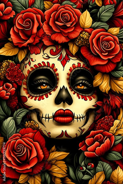 Fototapeta A woman's face is drawn on a flowery background. The woman's face is a skeleton with red lips and red eyes. The background is filled with red roses and other flowers. Scene is eerie and macabre