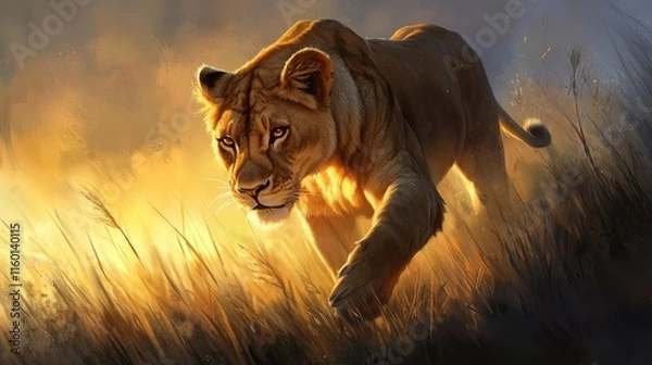 Fototapeta Majestic lioness walking through tall grass at sunset.