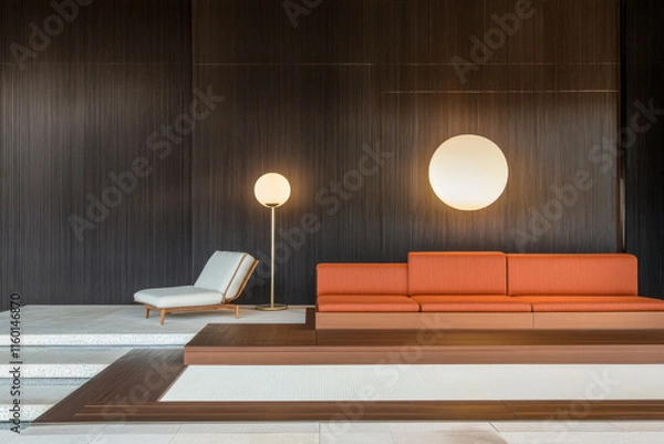 Fototapeta Modern living room design featuring sleek furniture and ambient lighting in a contemporary setting