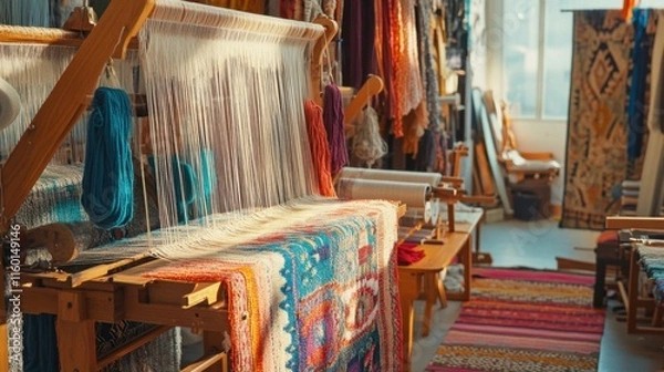 Fototapeta A cozy textile weaving studio with looms and colorful yarns, Weaving tools arranged in a textile studio, Artisanal studio style