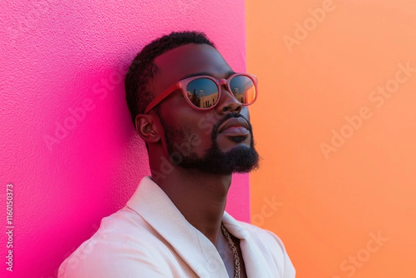 Obraz A man wearing sunglasses and a white shirt is leaning against a pink wall Generative Ai.