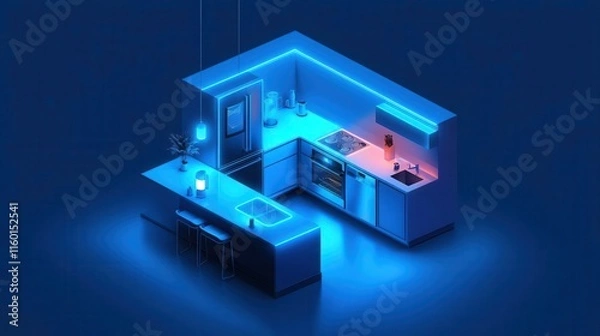 Obraz Smart apartment kitchen featuring voiceactivated appliances, isometric tech layout