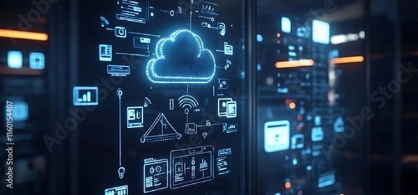 Fototapeta Digital cloud computing interface with data icons and connections.