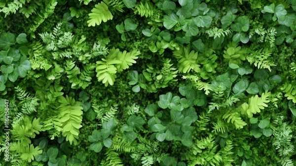 Obraz A lush green wall of various ferns and leaves creating a vibrant natural backdrop.