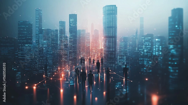 Fototapeta abstract professional business team people innovation connection of line from nail node to node on Smart Innovation city with connection cyber security network reciprocity , networking concept