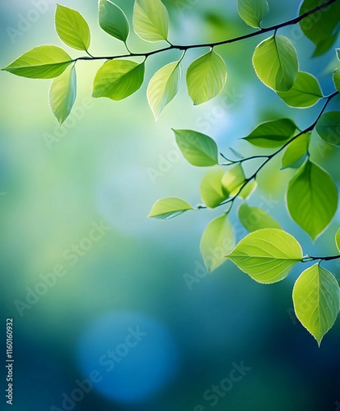 Fototapeta Fresh Green Leaves on Branch with Blurred Natural Backdrop in Sunlight : Generative AI