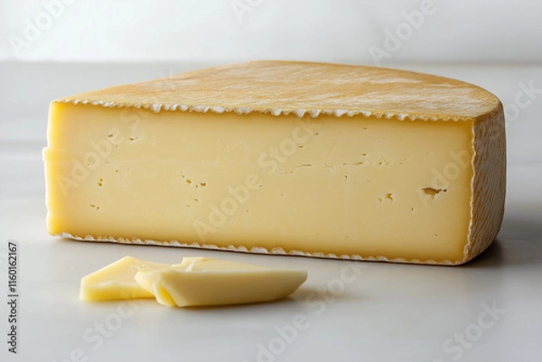 Obraz A wedge of cheese is cut in half and placed on a white table Generative Ai.