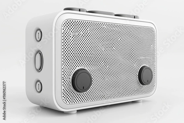 Fototapeta A white radio with black buttons sits on a white background Generative Ai.