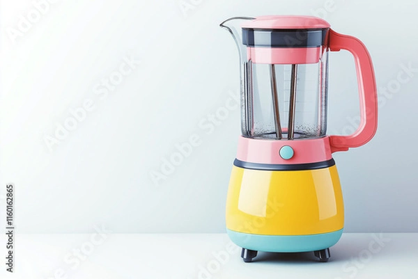 Obraz A colorful blender with a yellow and pink handle sits on a white countertop Generative Ai.