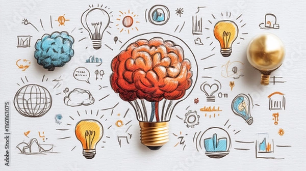 Fototapeta Creative brainstorming concept with light bulbs and brain illustrations, symbolizing ideas and innovation. This vibrant design showcases various symbols of creativity and inspiration