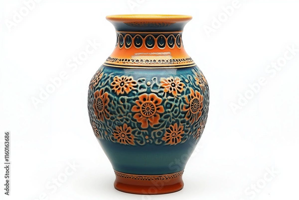Fototapeta A blue and orange vase with flowers on it Generative Ai.