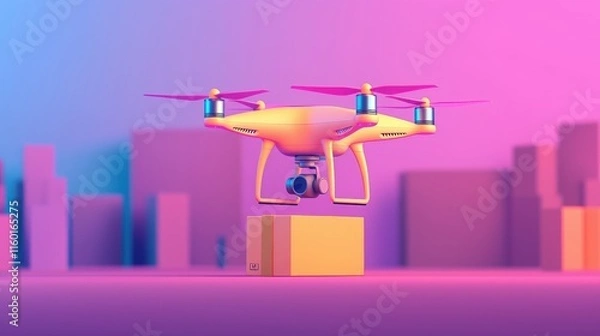 Fototapeta 2025 Creative Projects vision and future. Colorful drone delivering a package in a modern cityscape background.