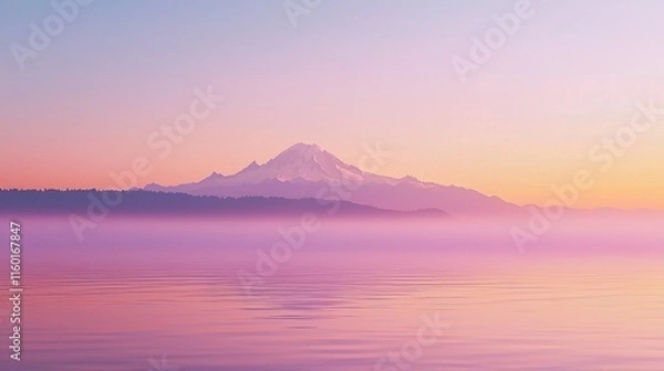 Fototapeta Serene sunrise over a misty mountain and calm water.