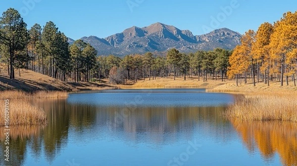 Fototapeta A serene lake surrounded by autumn foliage and mountains under a clear blue sky.