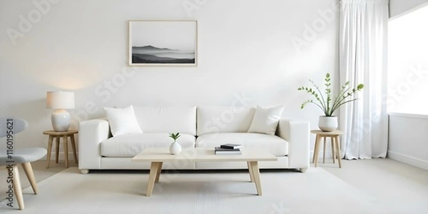 Fototapeta A minimalist living room with a white sofa, wooden coffee table, and a framed landscape artwork on the wall