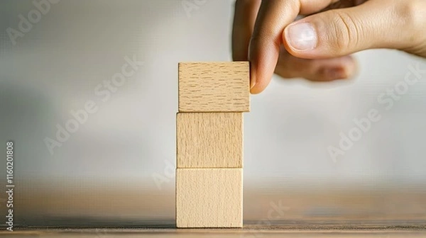 Fototapeta A hand places a wooden block on top of two others, illustrating concepts of balance, construction, and focus.