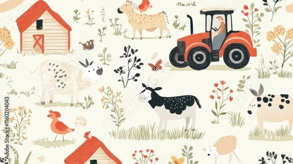 Fototapeta Seamless farm pattern with animals, tractor, and barn.