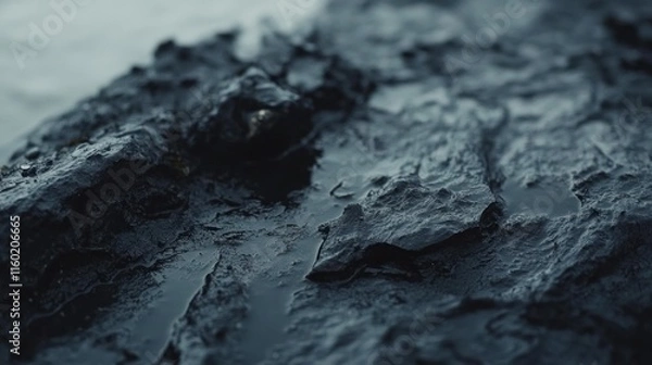 Fototapeta Close-up of dark, wet rocks with water pooling in crevices.