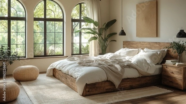 Fototapeta Cozy sunlit bedroom with rustic wooden furniture and lush greenery.