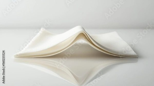 Fototapeta Folded white fabric napkin on reflective surface.