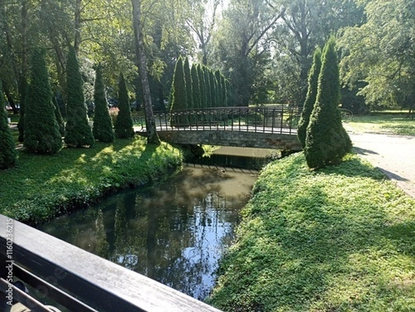 Fototapeta a stone bridge crossing a small river, surrounded by green trees and lush bushes