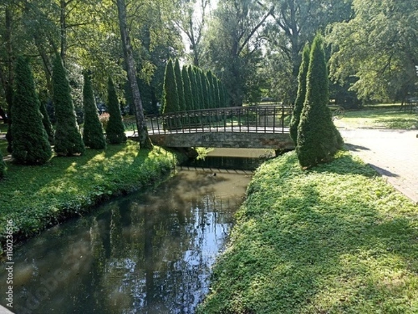 Fototapeta a stone bridge crossing a small river, surrounded by green trees and lush bushes