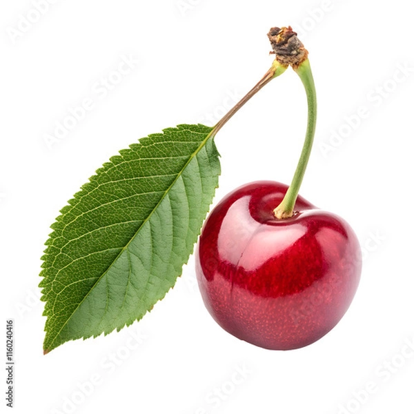 Fototapeta ripe cherry on a branch with green leaves against a white background