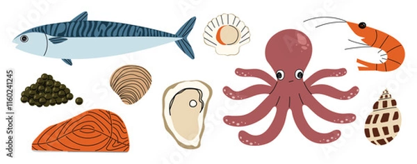 Fototapeta Seafood 3 cute on a White background, vector illustration.