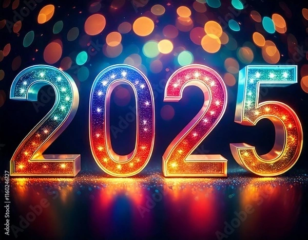 Fototapeta A vibrant display of the year "2025" illuminated with colorful lights against a blurred, festive background.