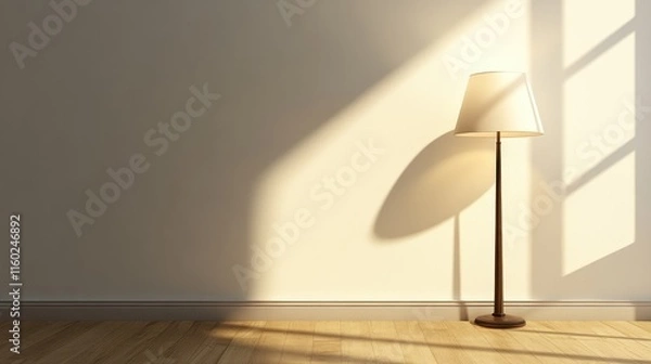 Fototapeta Cozy bedroom corner featuring a stylish desk lamp casting shadows on a blank wall with warm wooden flooring. Perfect for interior design themes.
