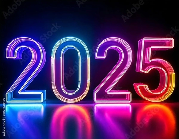 Fototapeta Vibrant neon numbers "2025" glowing against a dark background, symbolizing the upcoming year with colorful illumination.